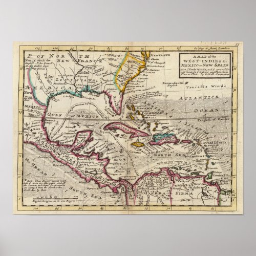 Map of the West Indies Mexico or New Spain Poster