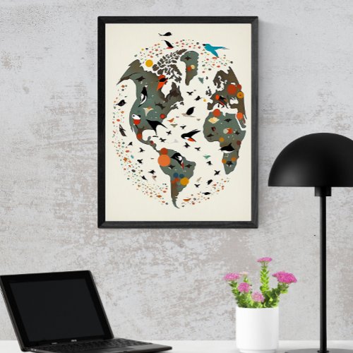 Map Of The World Charley Harper Inspired Poster