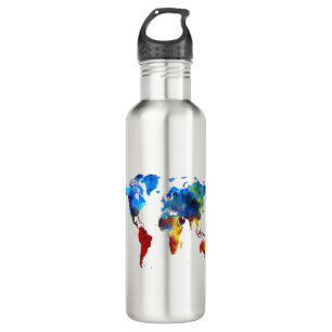 map of the world illustration stainless steel water bottle