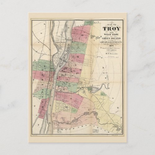 Map of Troy West Troy Green Island New York 1874 Postcard