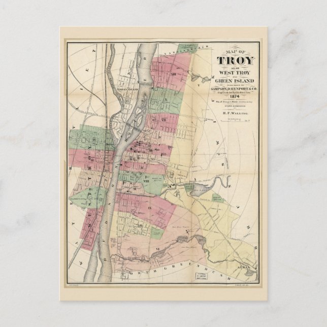 Map of Troy West Troy Green Island New York (1874) Postcard (Front)