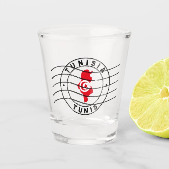 Map of Tunisia, Postal Passport Stamp, Travel Stam Shot Glass (Front)