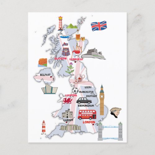  MAP OF UK ILLUSTRATED MAP OF UNITED KINGDOM  POSTCARD