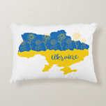 Map of Ukraine with sunflower and Ukrainian flag Accent Pillow<br><div class="desc">Map of Ukraine decorated with sunflowers and handwriting stylized typography in Ukrainian flag colors yellow and blue</div>