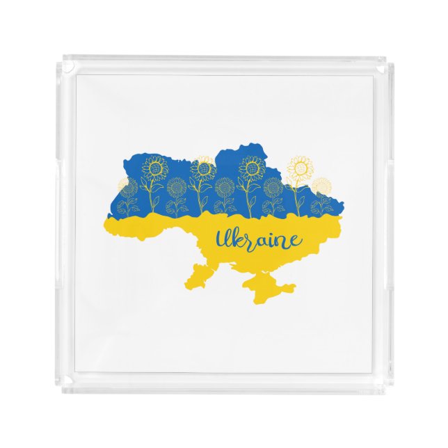 Map of Ukraine with sunflower and Ukrainian flag Acrylic Tray (Front)
