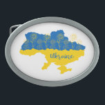 Map of Ukraine with sunflower and Ukrainian flag Belt Buckle<br><div class="desc">Map of Ukraine decorated with sunflowers and handwriting stylized typography in Ukrainian flag colors yellow and blue</div>