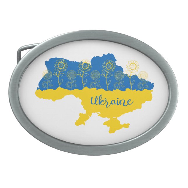 Map of Ukraine with sunflower and Ukrainian flag Belt Buckle (Front)
