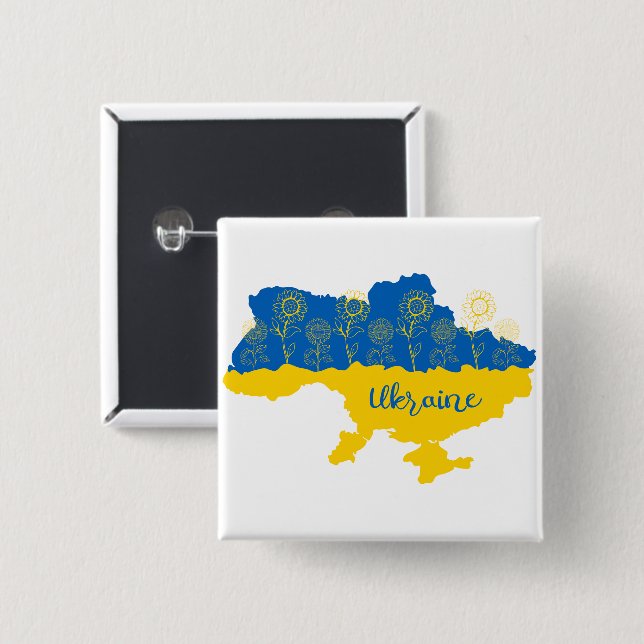 Map of Ukraine with sunflower and Ukrainian flag Button (Front & Back)