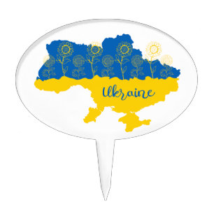 Map of Ukraine with sunflower and Ukrainian flag Cake Topper