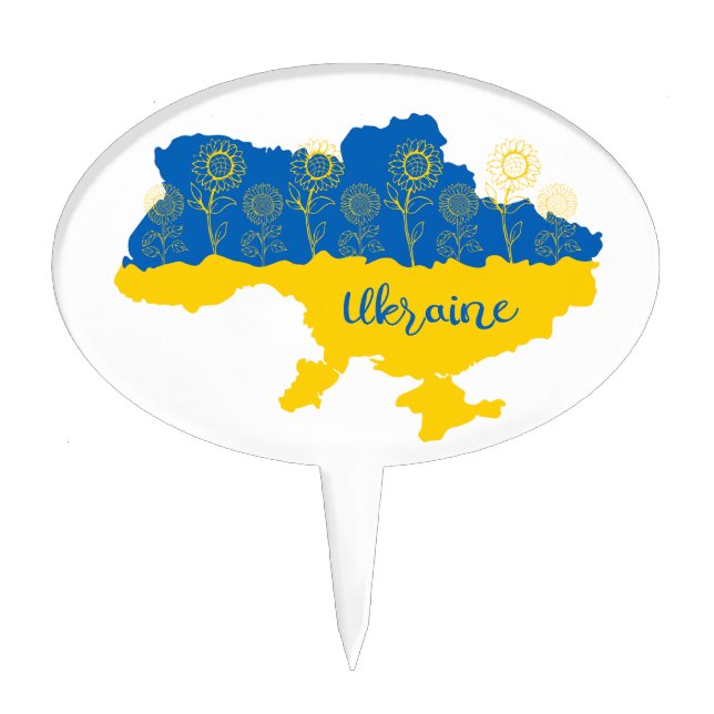 Map of Ukraine with sunflower and Ukrainian flag Cake Topper (Front)