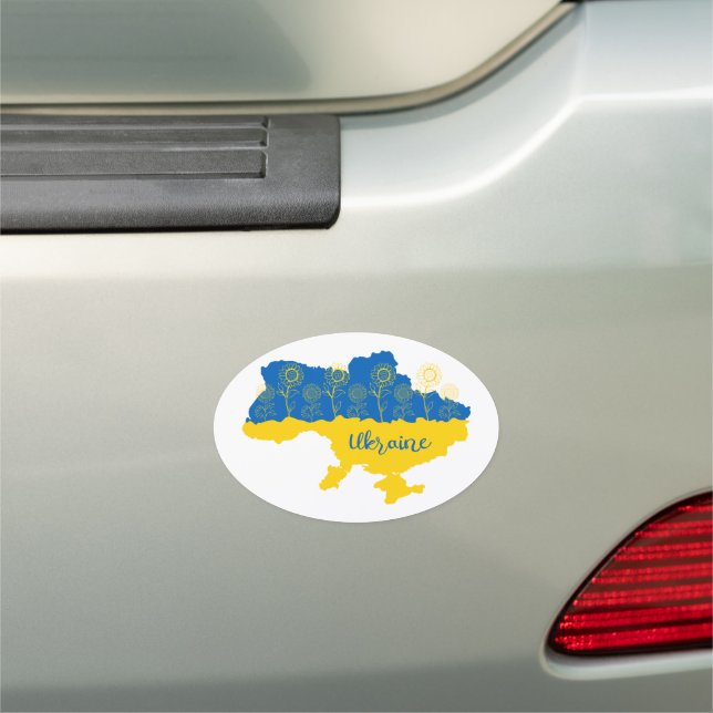 Map of Ukraine with sunflower and Ukrainian flag Car Magnet (In Situ)
