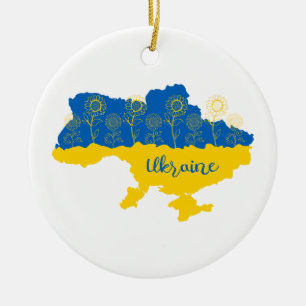 Map of Ukraine with sunflower and Ukrainian flag Ceramic Ornament