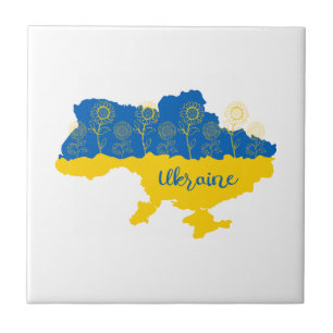 Map of Ukraine with sunflower and Ukrainian flag Ceramic Tile