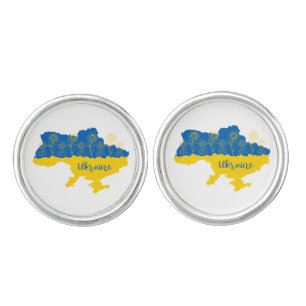Map of Ukraine with sunflower and Ukrainian flag Cufflinks