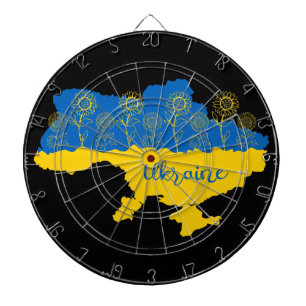 Map of Ukraine with sunflower and Ukrainian flag Dart Board