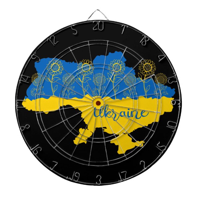Map of Ukraine with sunflower and Ukrainian flag Dart Board (Front)