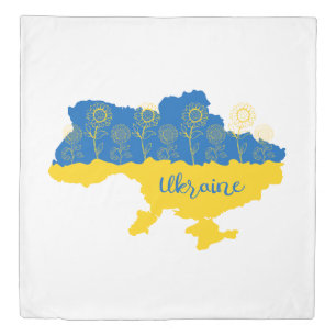 Map of Ukraine with sunflower and Ukrainian flag Duvet Cover