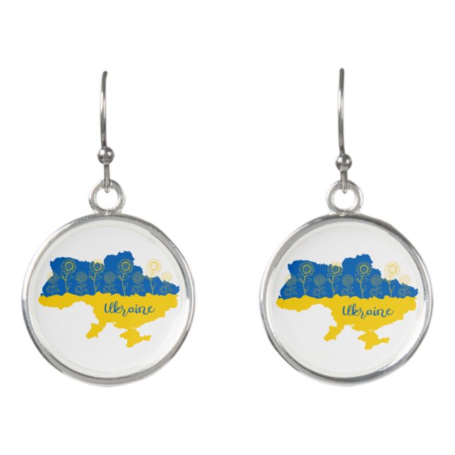 Map of Ukraine with sunflower and Ukrainian flag Earrings (Front)