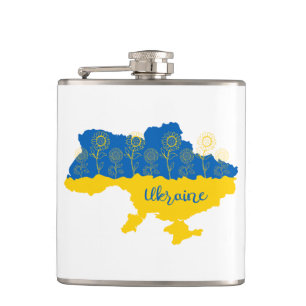 Map of Ukraine with sunflower and Ukrainian flag Flask