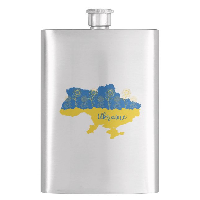 Map of Ukraine with sunflower and Ukrainian flag Flask (Front)
