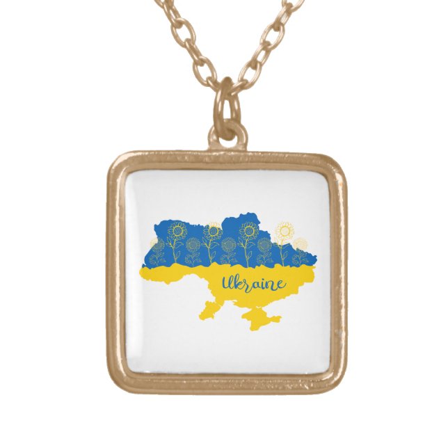 Map of Ukraine with sunflower and Ukrainian flag Gold Plated Necklace (Front)