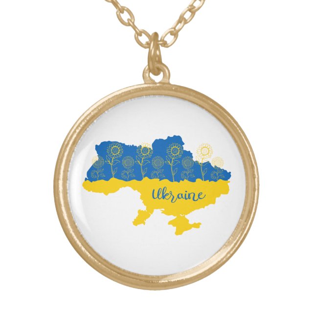 Map of Ukraine with sunflower and Ukrainian flag Gold Plated Necklace (Front)