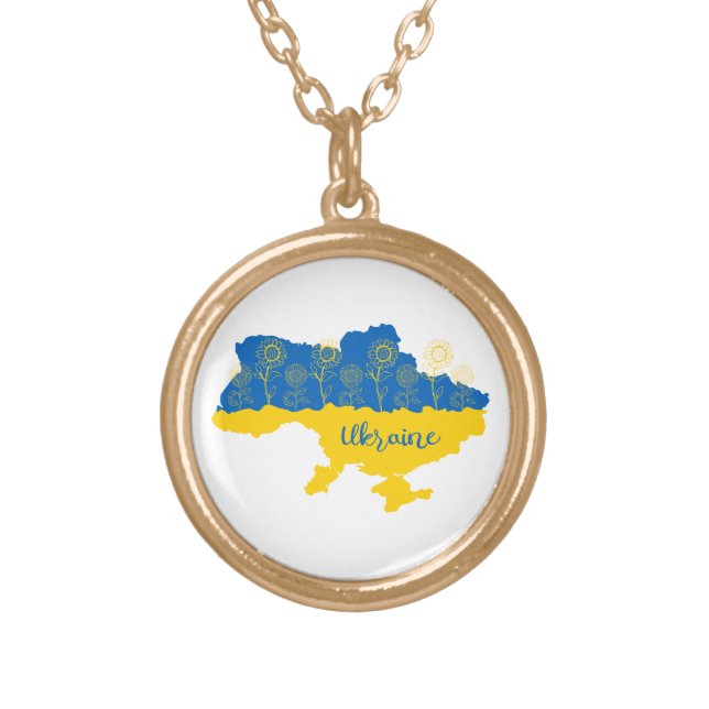 Map of Ukraine with sunflower and Ukrainian flag Gold Plated Necklace (Front)