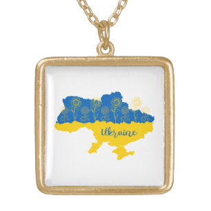 Map of Ukraine with sunflower and Ukrainian flag Gold Plated Necklace