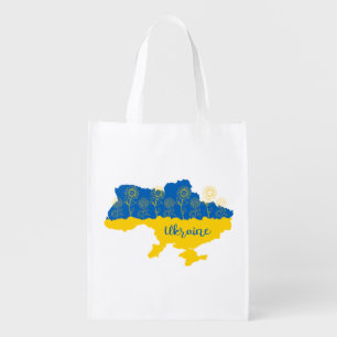 Map of Ukraine with sunflower and Ukrainian flag Grocery Bag