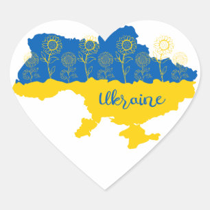 Map of Ukraine with sunflower and Ukrainian flag Heart Sticker