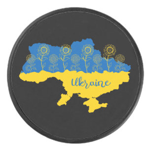 Map of Ukraine with sunflower and Ukrainian flag Hockey Puck