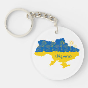 Map of Ukraine with sunflower and Ukrainian flag Keychain