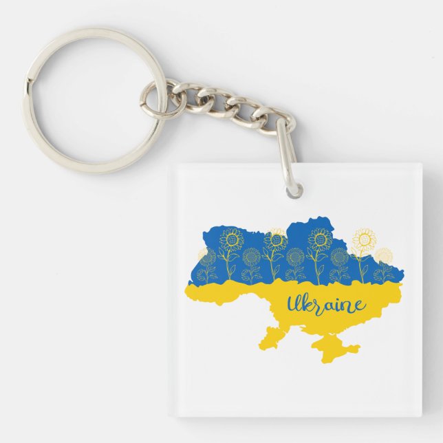Map of Ukraine with sunflower and Ukrainian flag Keychain (Front)