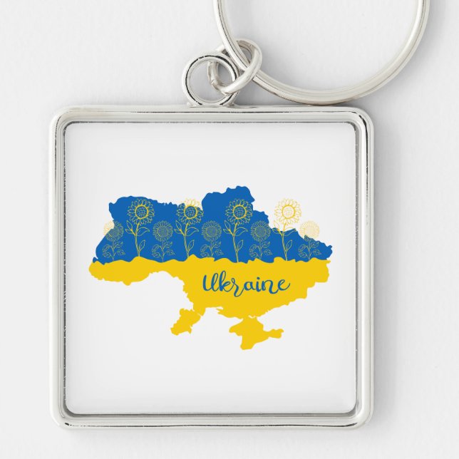 Map of Ukraine with sunflower and Ukrainian flag Keychain (Front)