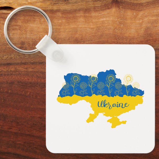 Map of Ukraine with sunflower and Ukrainian flag Keychain (Front)