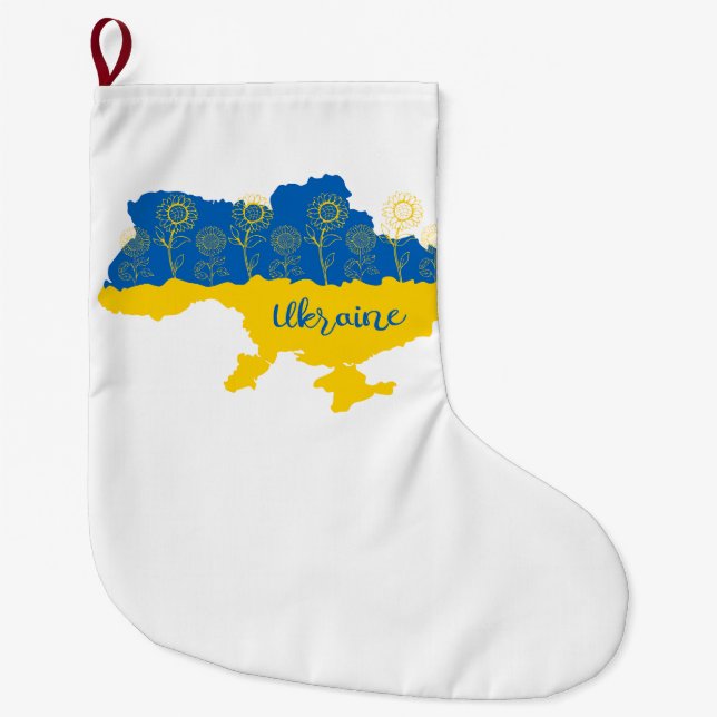 Map of Ukraine with sunflower and Ukrainian flag Large Christmas Stocking (Front)
