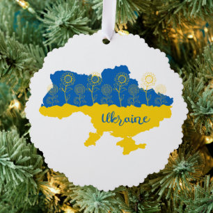 Map of Ukraine with sunflower and Ukrainian flag Ornament Card