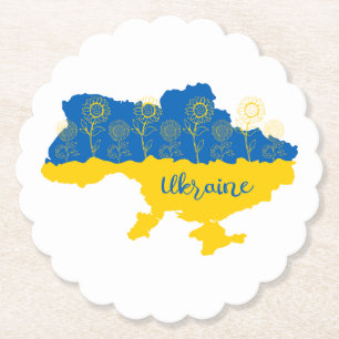 Map of Ukraine with sunflower and Ukrainian flag Paper Coaster