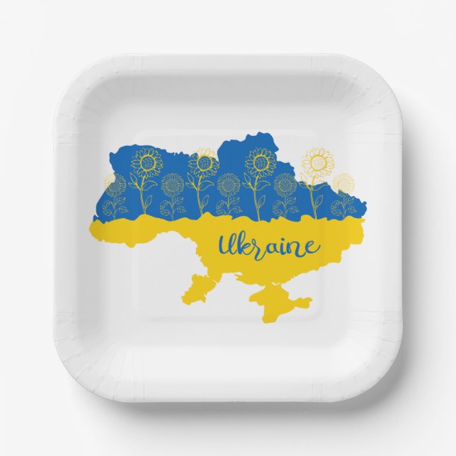 Map of Ukraine with sunflower and Ukrainian flag Paper Plates (Front)