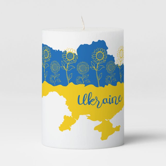 Map of Ukraine with sunflower and Ukrainian flag Pillar Candle (Front)