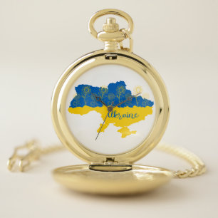 Map of Ukraine with sunflower and Ukrainian flag Pocket Watch