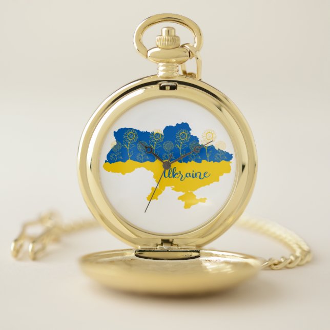 Map of Ukraine with sunflower and Ukrainian flag Pocket Watch (Inside)