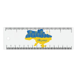Map of Ukraine with sunflower and Ukrainian flag Ruler