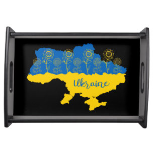 Map of Ukraine with sunflower and Ukrainian flag Serving Tray
