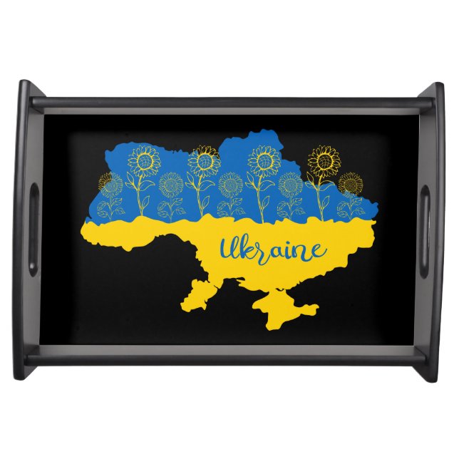 Map of Ukraine with sunflower and Ukrainian flag Serving Tray (Front)