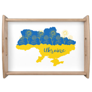 Map of Ukraine with sunflower and Ukrainian flag Serving Tray