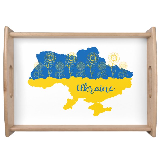 Map of Ukraine with sunflower and Ukrainian flag Serving Tray (Front)