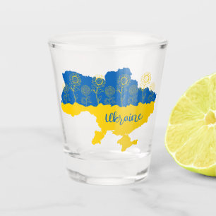 Map of Ukraine with sunflower and Ukrainian flag Shot Glass