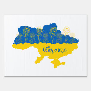 Map of Ukraine with sunflower and Ukrainian flag Sign