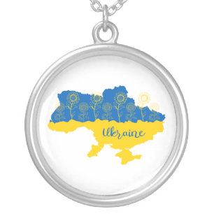 Map of Ukraine with sunflower and Ukrainian flag Silver Plated Necklace